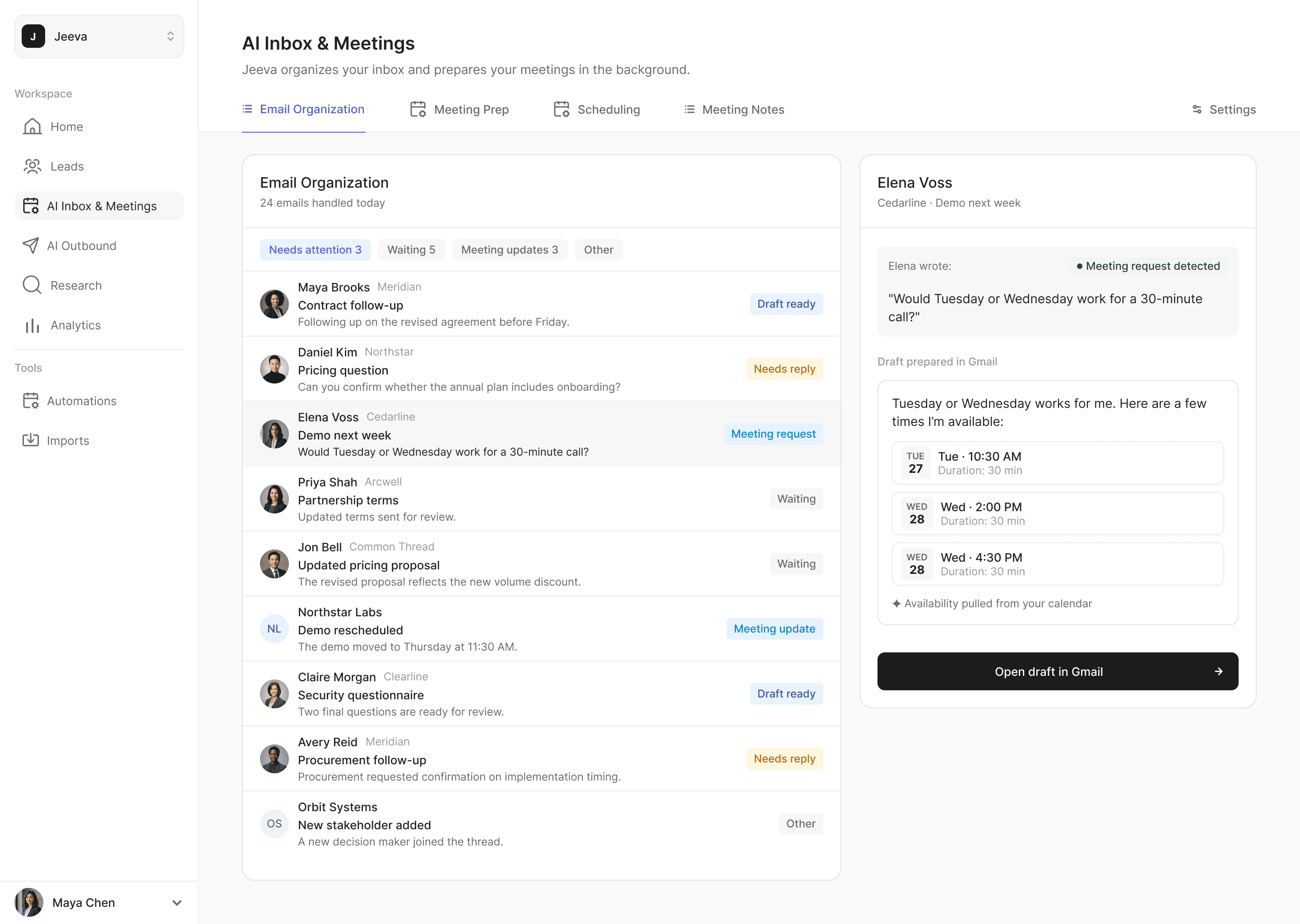 Email Organization: emails grouped by what needs attention, with a detected meeting request and a Gmail draft offering available times.