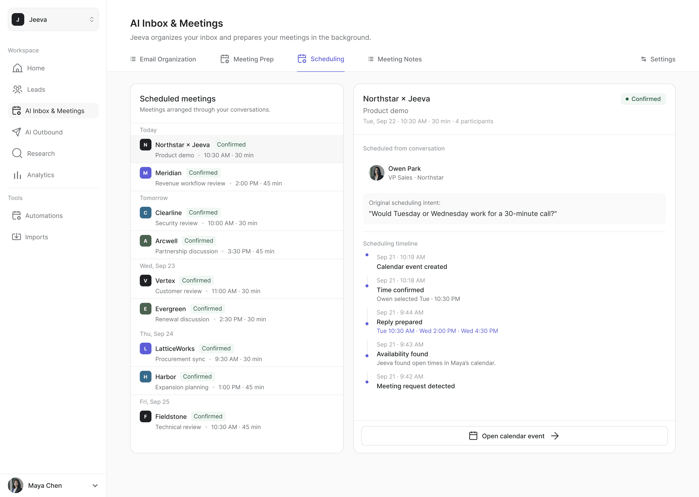 Scheduling: a confirmed meeting with the original request and the timeline from detected request to calendar event.