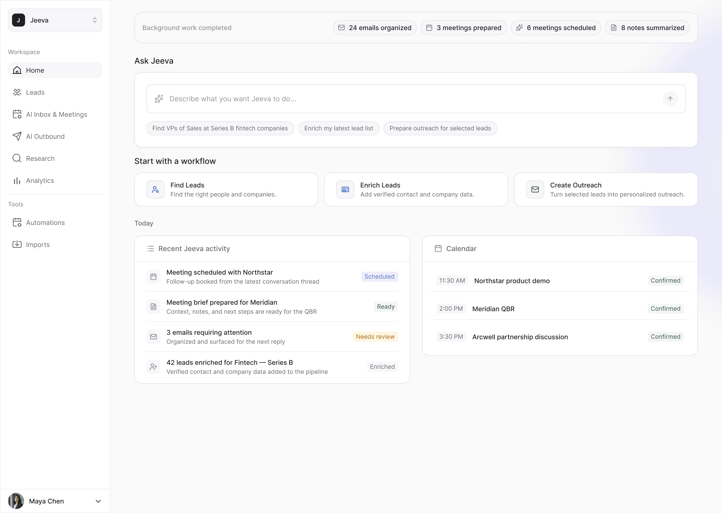 The final Home: background work completed across email and meetings, Ask Jeeva, three workflow shortcuts, and today’s Jeeva activity beside the calendar.