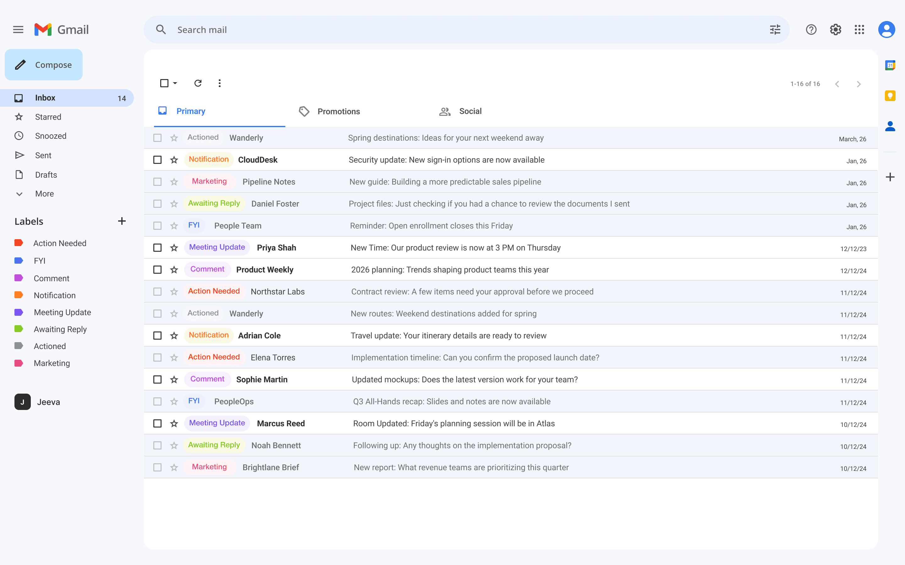 A Gmail inbox organized by Jeeva, with labels such as Action Needed, FYI, Meeting Update, Awaiting Reply, Actioned and Marketing on each email.