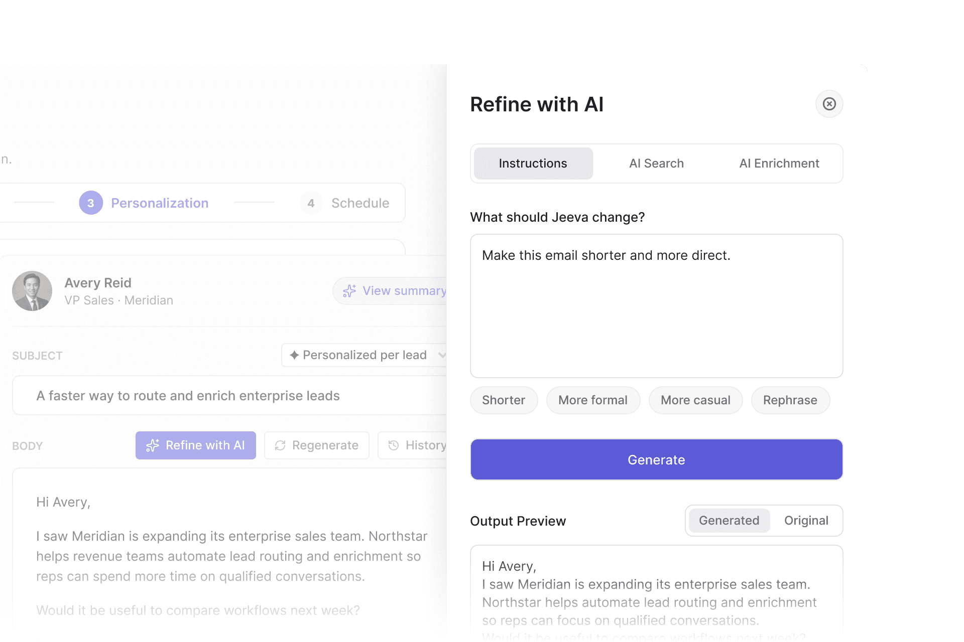 Jeeva’s Personalization step with the Refine with AI panel open: the instruction “Make this email shorter and more direct.”, quick actions, Generate and an Output Preview showing the generated version.