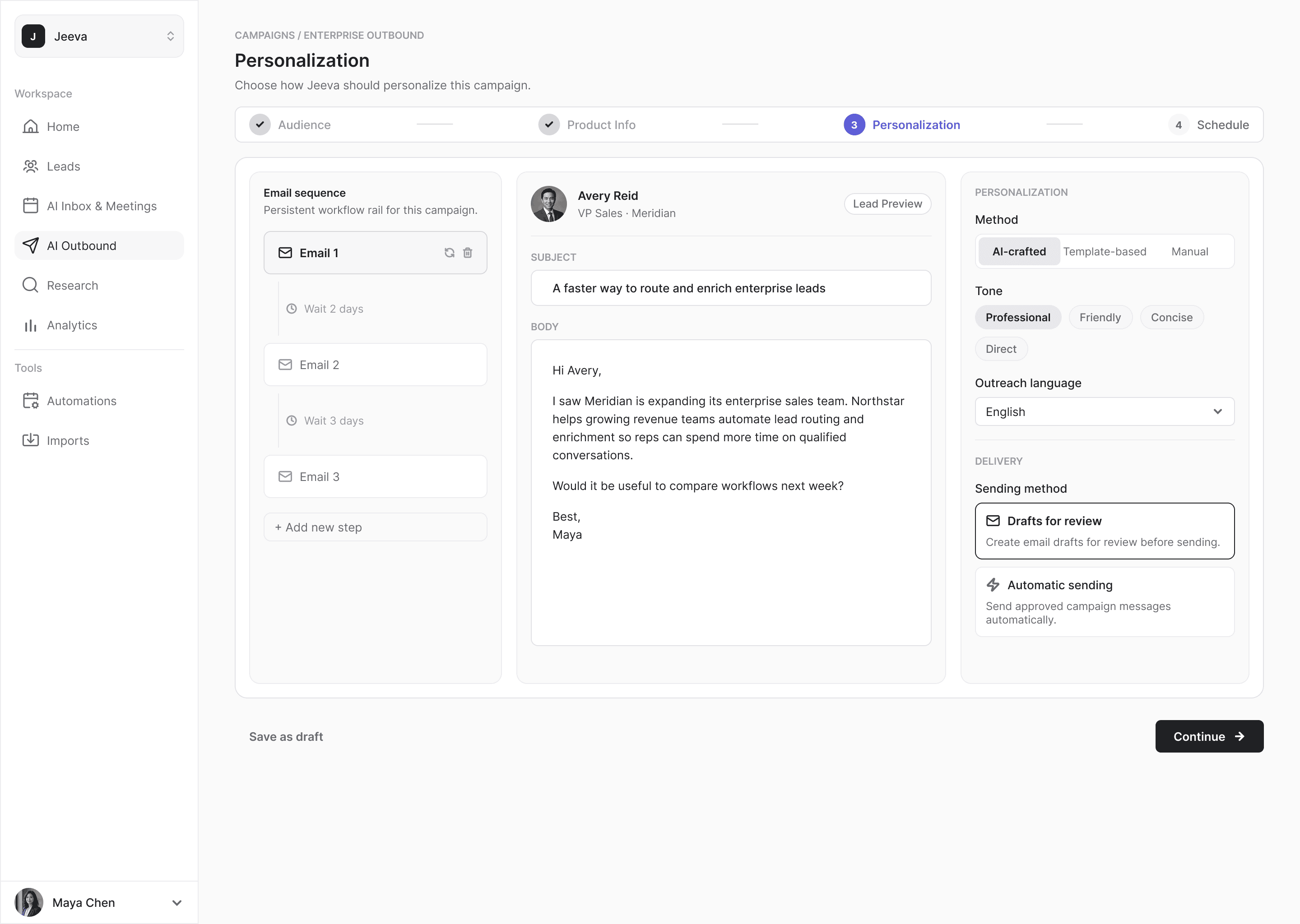 The Personalization step before refinement: the email sequence, AI-crafted method selected, and one lead’s generated email shown as a sample.
