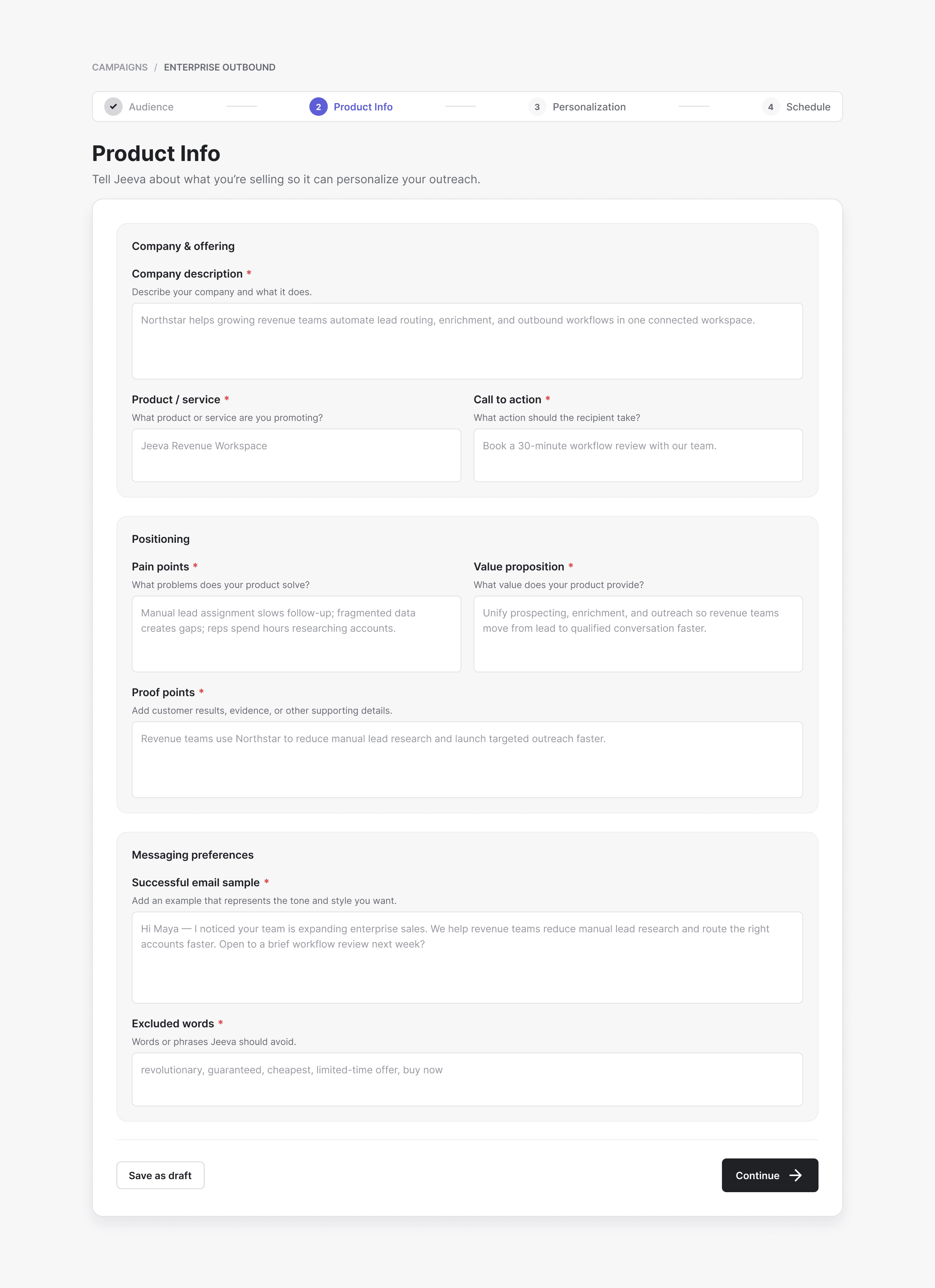The Product Info step of a campaign, filled in by hand: company description, product, call to action, pain points, value proposition, proof points, a successful email sample and excluded words.