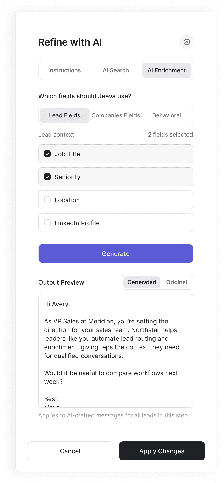 Refine with AI on AI Enrichment: lead, company and behavioral fields, with Job Title and Seniority selected, and an Output Preview personalized with them.
