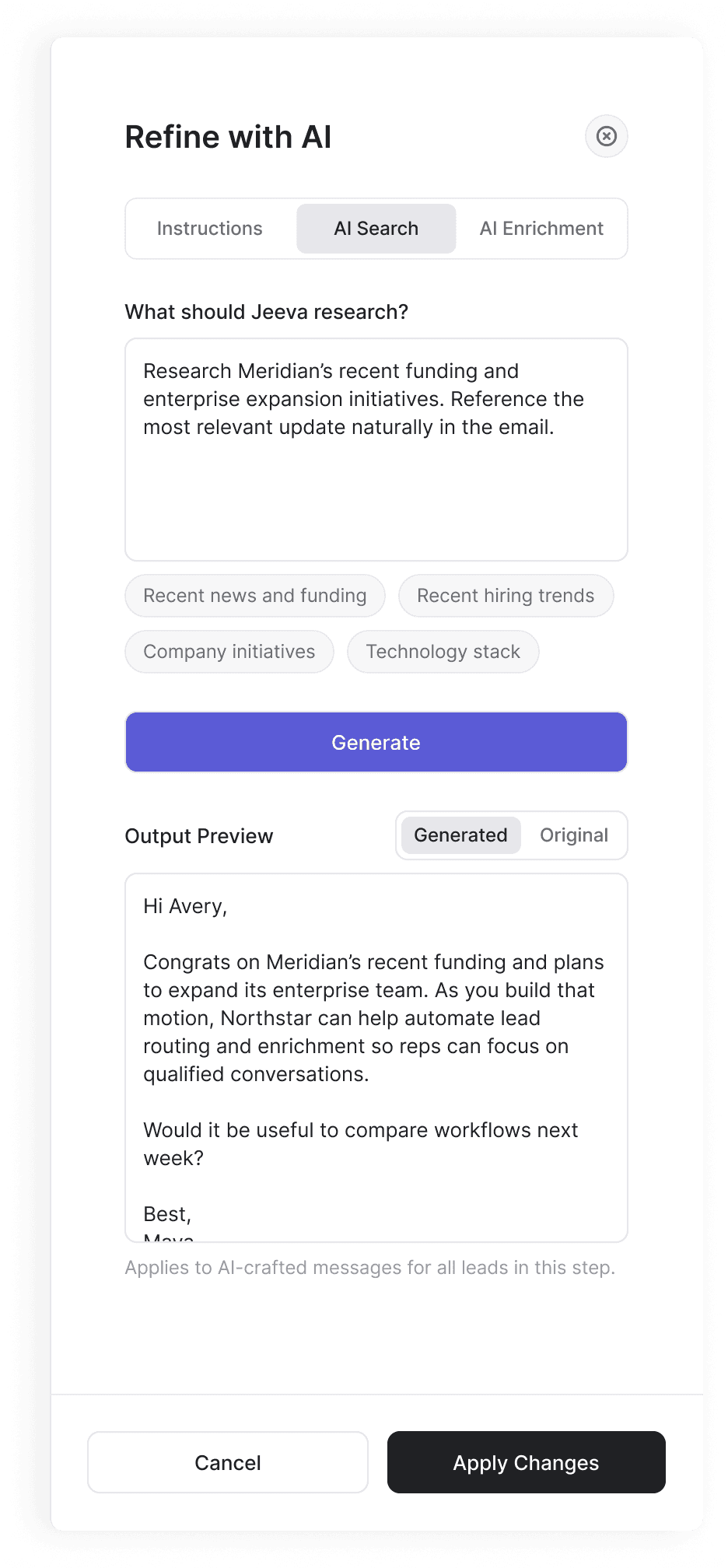 Refine with AI on AI Search: a request to research the lead’s company and reference the most relevant update, suggested research directions, and an Output Preview using what was found.