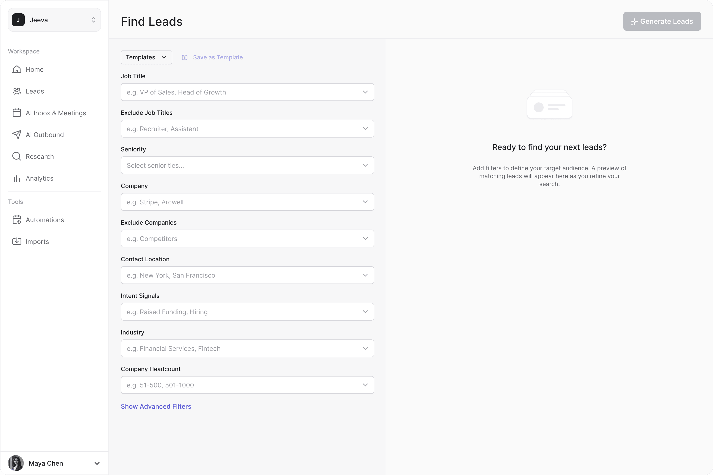 Find Leads with every filter empty: job title, seniority, company, location, intent signals, industry and headcount, with Templates, Save as Template and an empty lead preview.