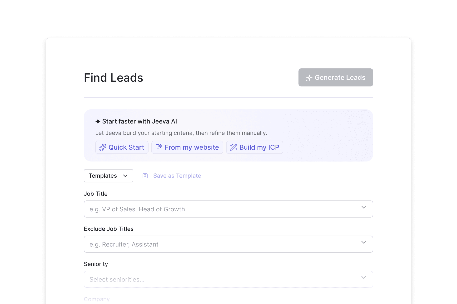 Find Leads with “Start faster with Jeeva AI” offering Quick Start, From my website and Build my ICP above the empty filters.