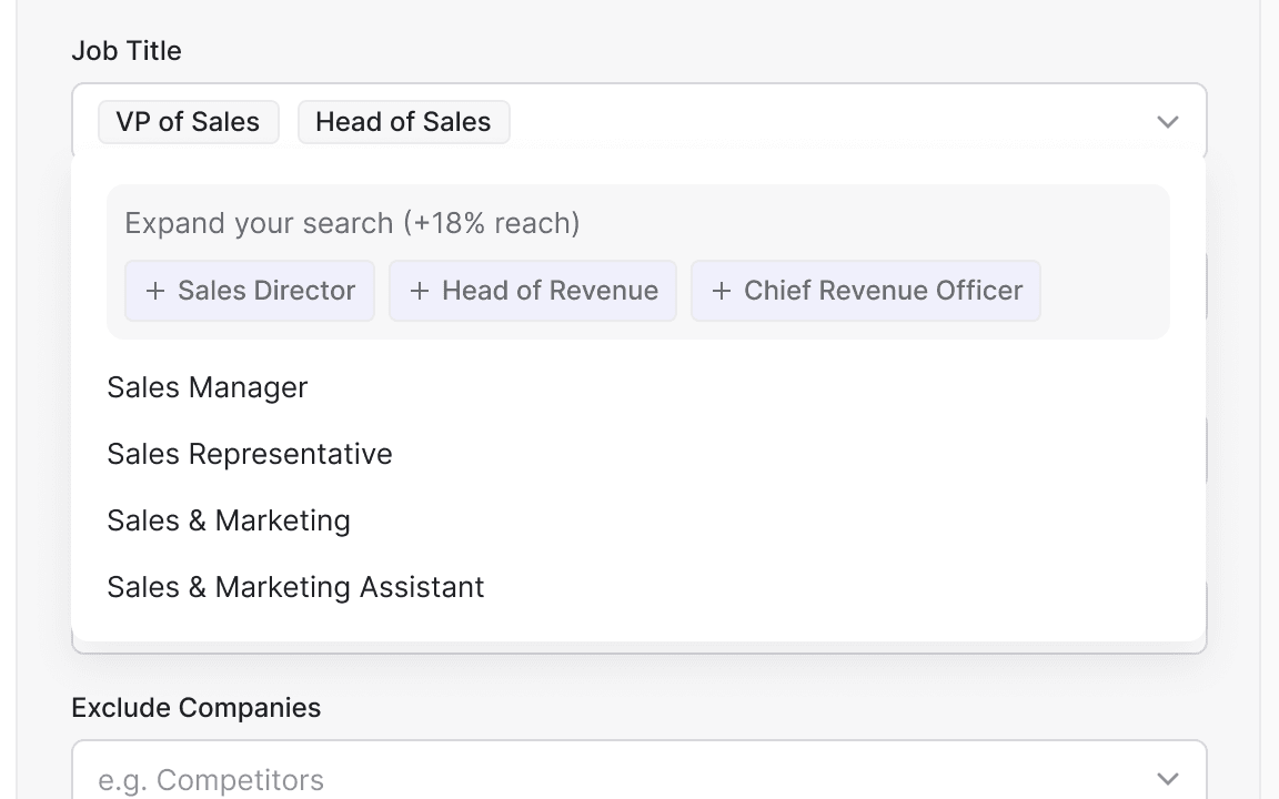 Job title field with VP of Sales and Head of Sales, and “Expand your search (+18% reach)” suggesting Sales Director, Head of Revenue and Chief Revenue Officer.