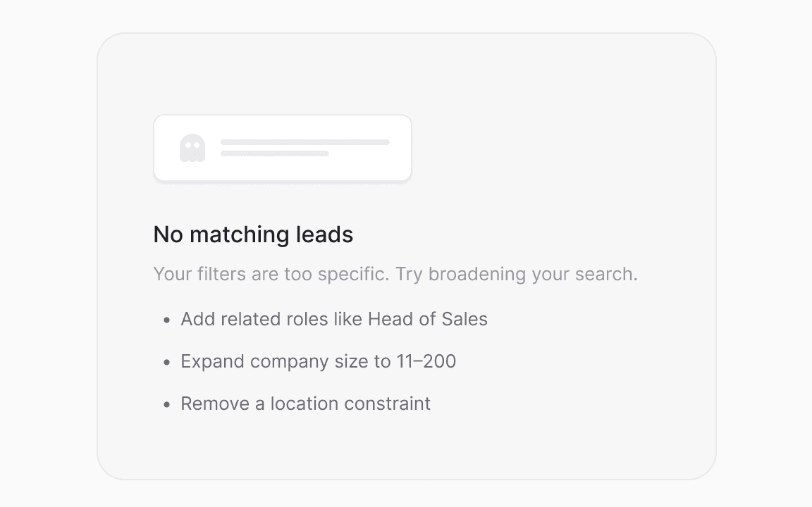 “No matching leads” with suggestions: add related roles like Head of Sales, expand company size to 11–200, remove a location constraint.