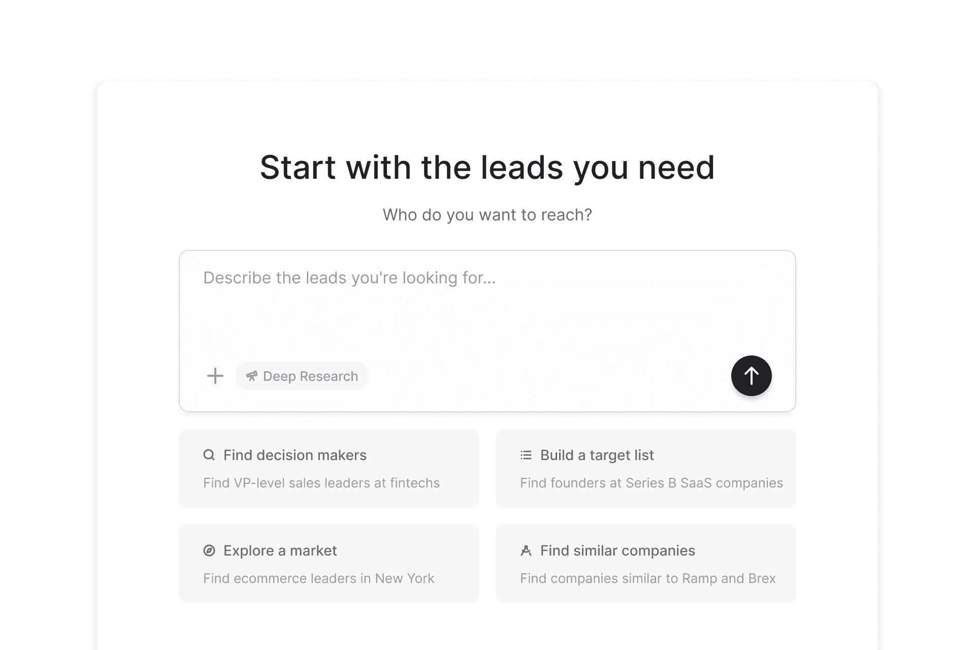 “Start with the leads you need”: a natural-language prompt asking who the user wants to reach, with suggested requests below.