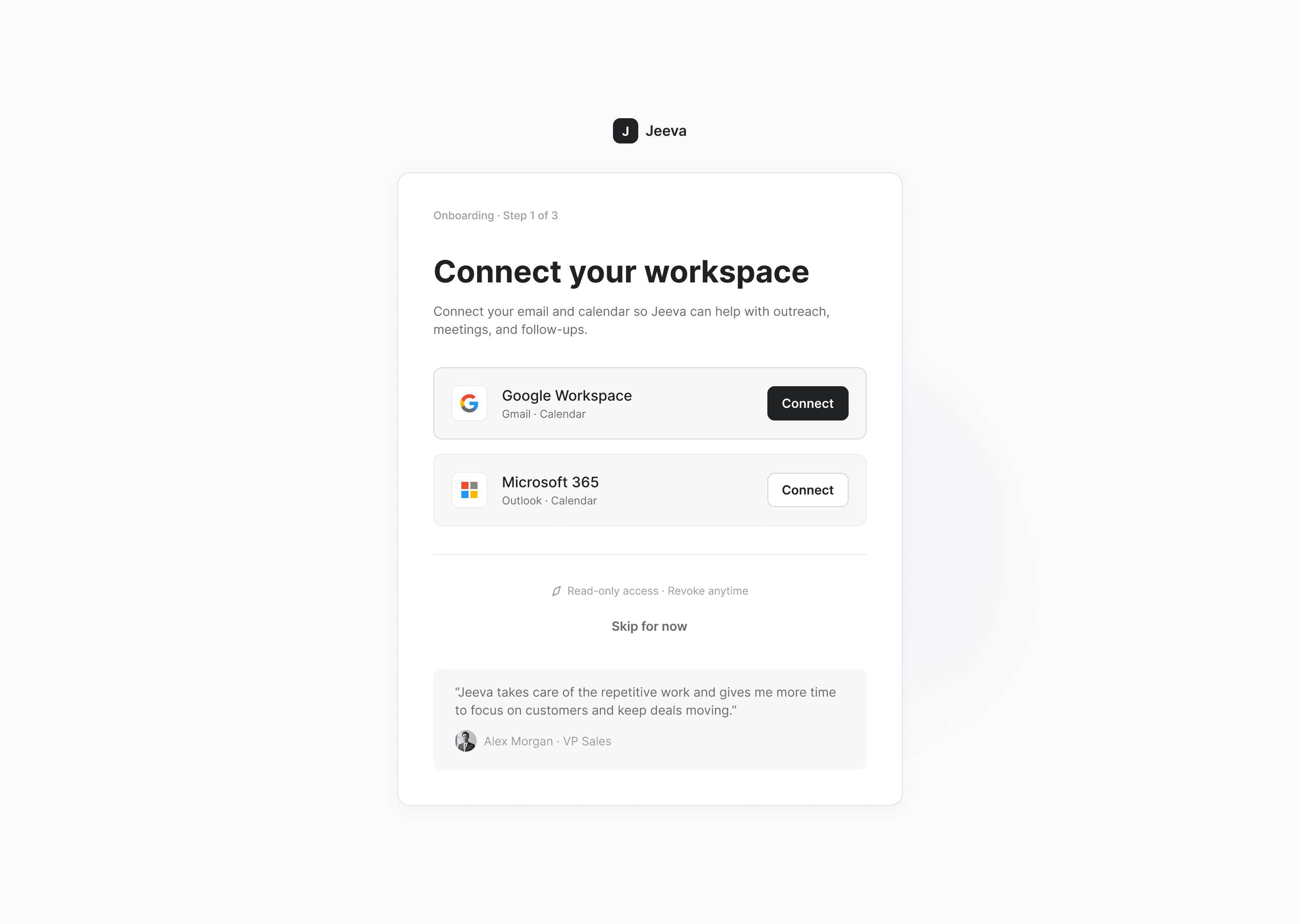 “Connect your workspace” during onboarding, asking for Google Workspace or Microsoft 365.