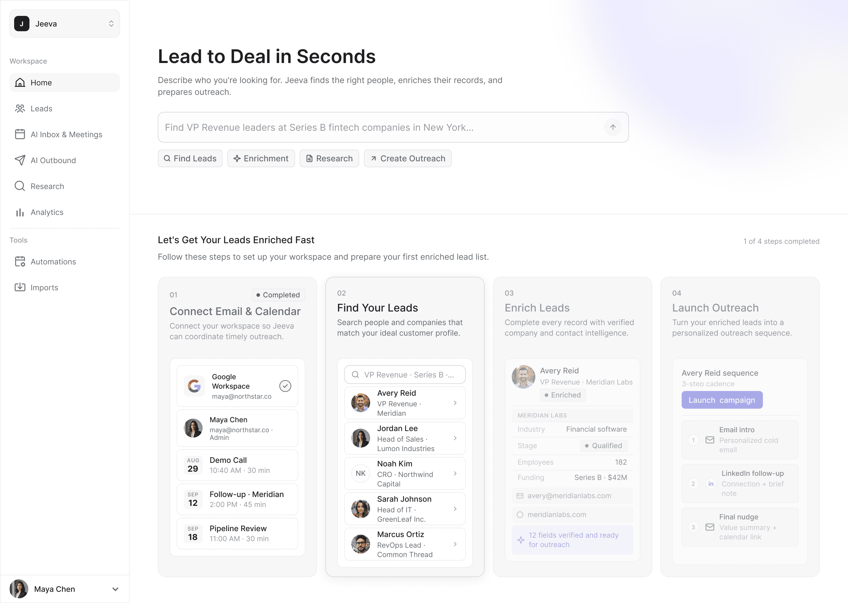 Homepage with an onboarding checklist, “Let’s Get Your Leads Enriched Fast”, showing 1 of 4 steps completed.