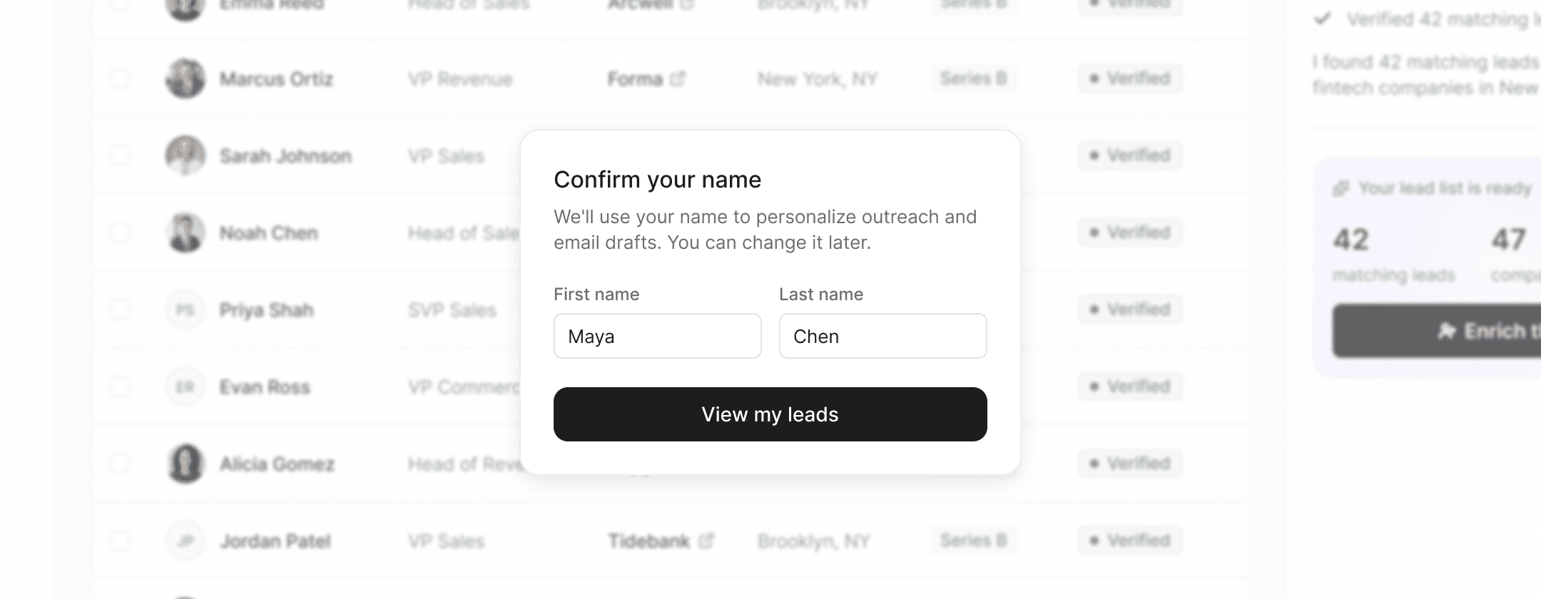 A small “Confirm your name” dialog over the blurred lead list, explaining the name is used to personalize outreach and email drafts.
