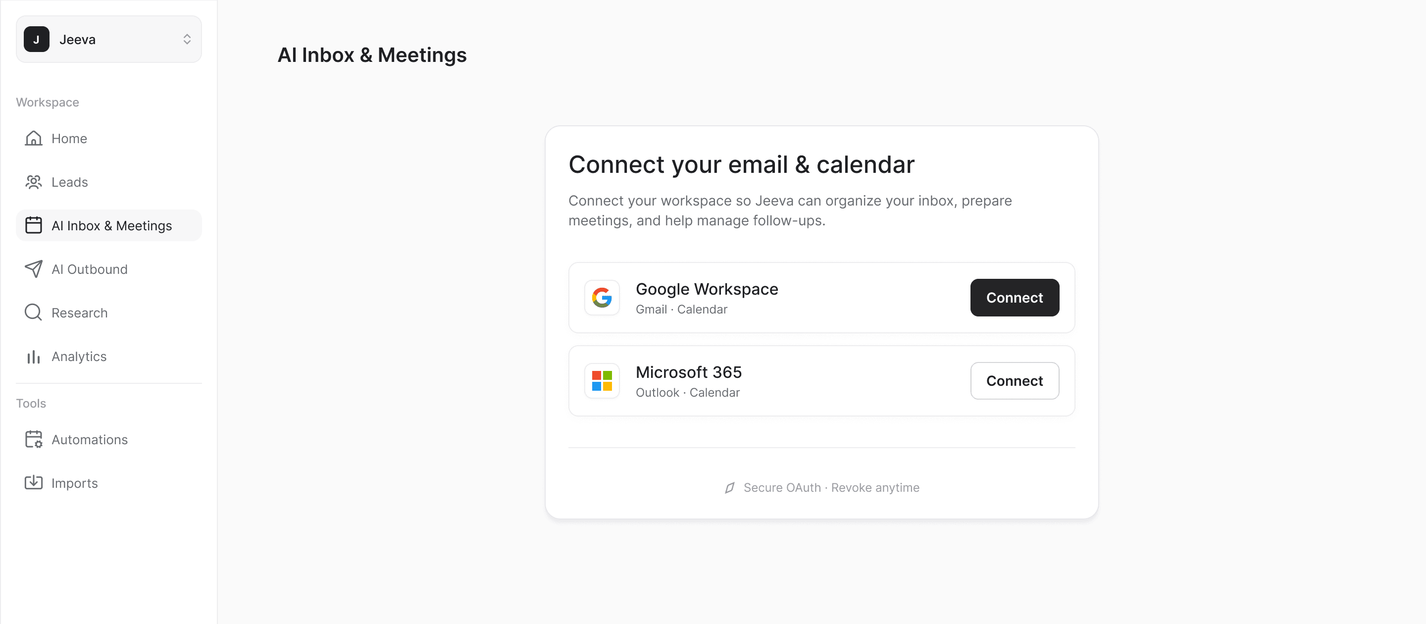 AI Inbox & Meetings page asking to connect email and calendar.